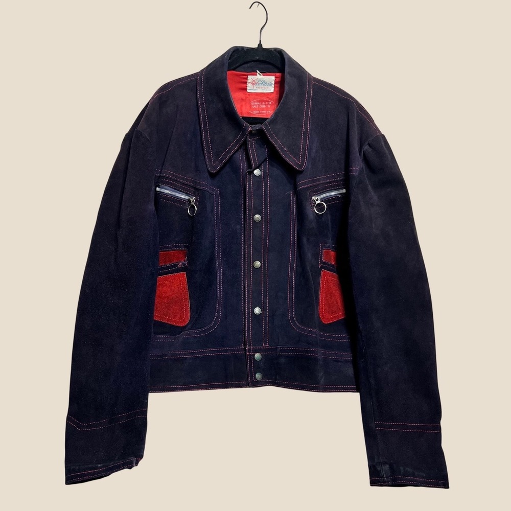 Plus Size 1960s La Pinata Suede Leather Jacket Navy Blue Red Workwear Mens 46